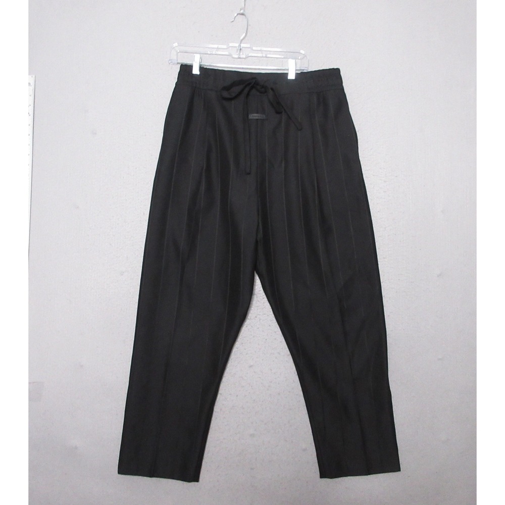 Fear of God Logo Plaque Trousers Pants Pinstripe Pleated Black Wool Blend Italy